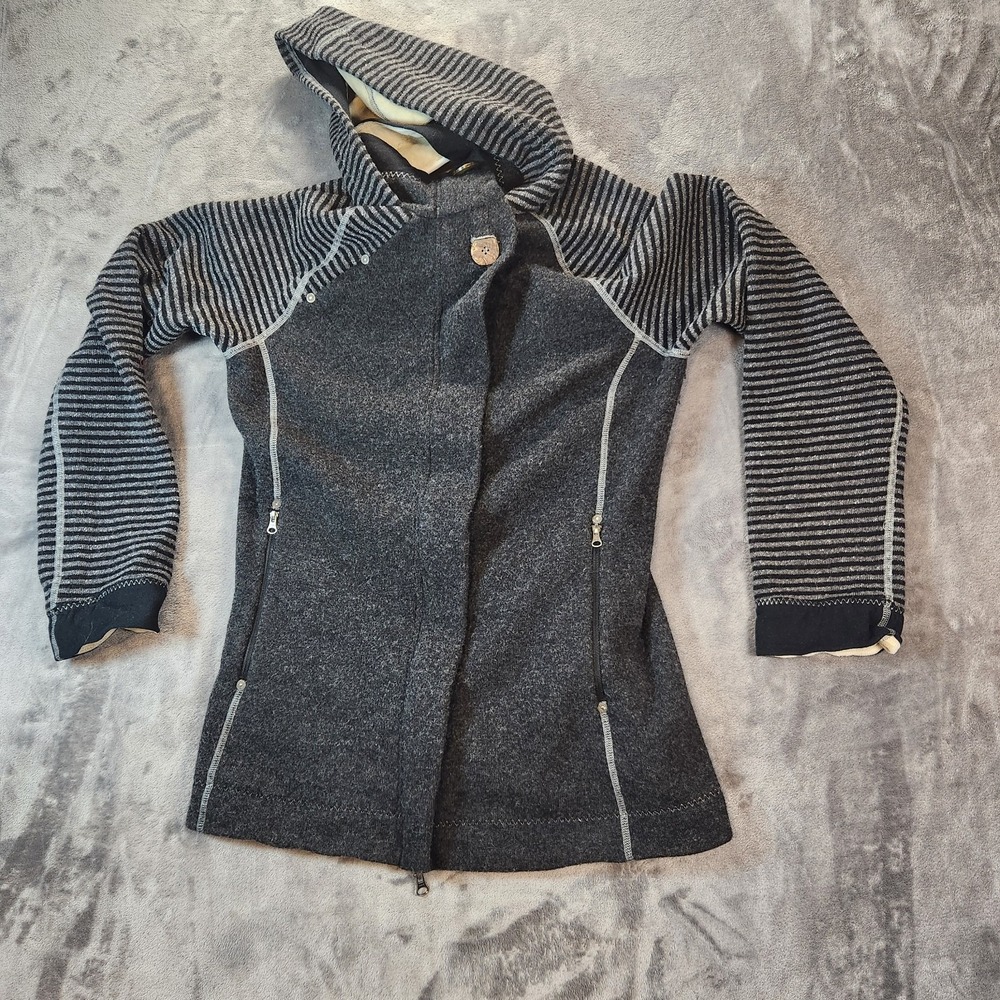 PrAna Jacket Womens Medium Gray Bijou Wool Blend Full Zip Fleec Lined Hooded